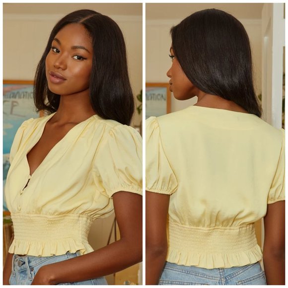 NWT Lulus Bring the Style Light Yellow Puff Sleeve Peplum Crop Top - Picture 2 of 11